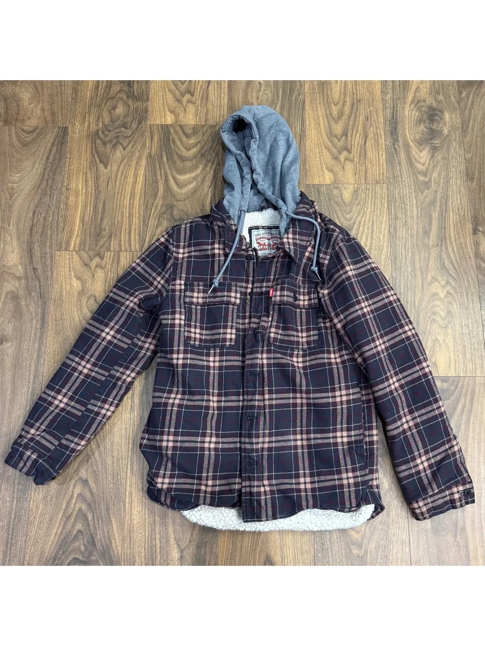 Levi’s Sherpa Lined Plaid Hooded Jacket Flannel Shacket Black Red S